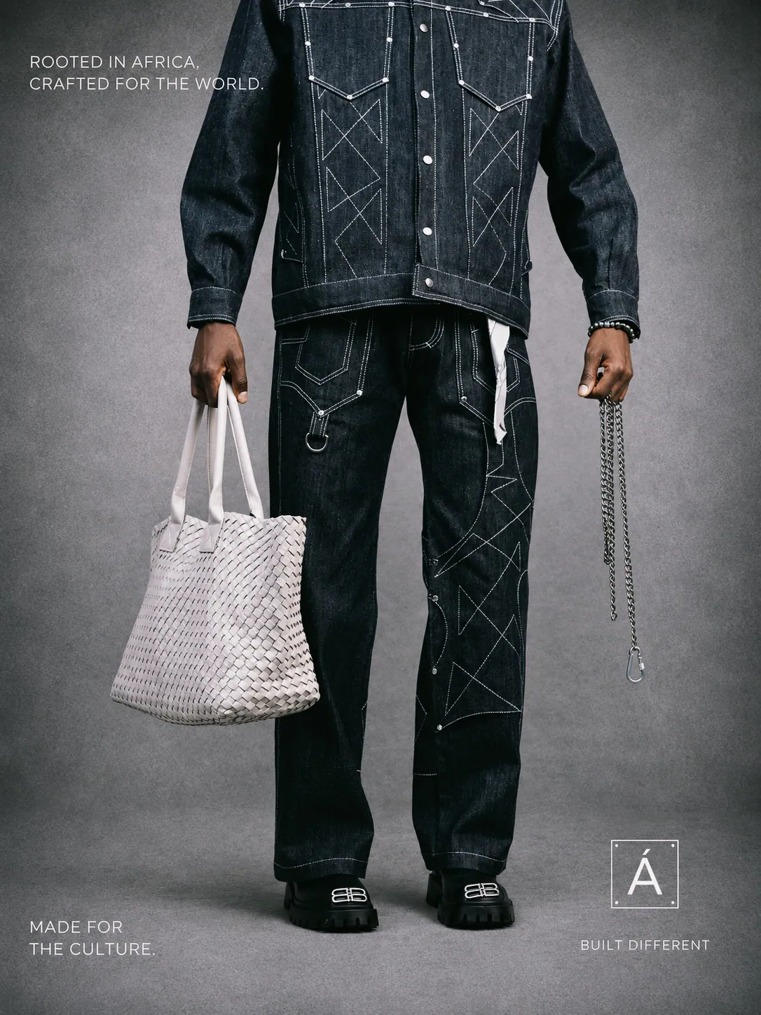 Detail of MAJEANSO denim construction and woven bag